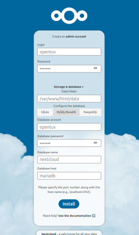 PiCloud - NextCloud MariaDB Database PiCloud - NextCloud First Login Database